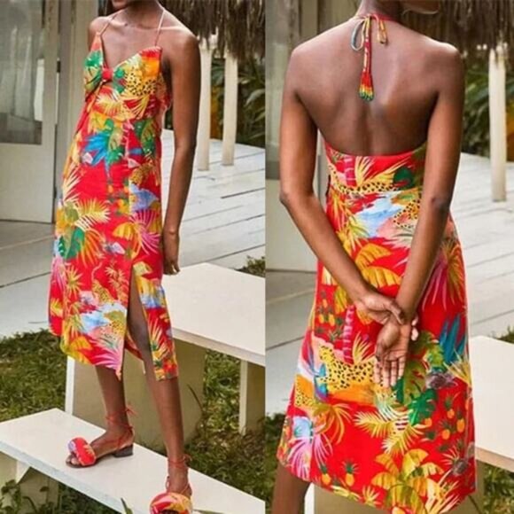 NWT Farm Rio Halter Neck Tropical Jungle Bow Midi Dress Multicolor Size: Small - Picture 1 of 8